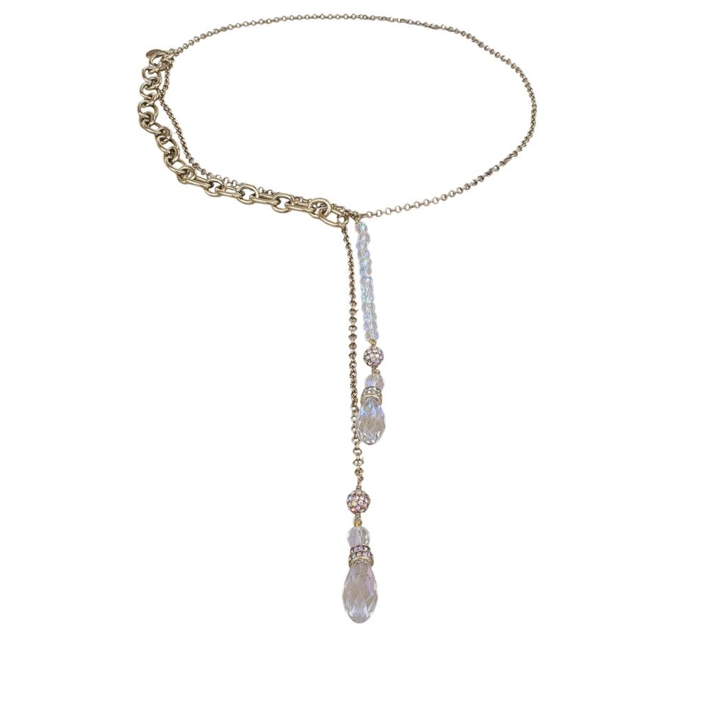 Heidi Daus Gold Tone Clear Iridescent Beaded Lariat Drop Necklace